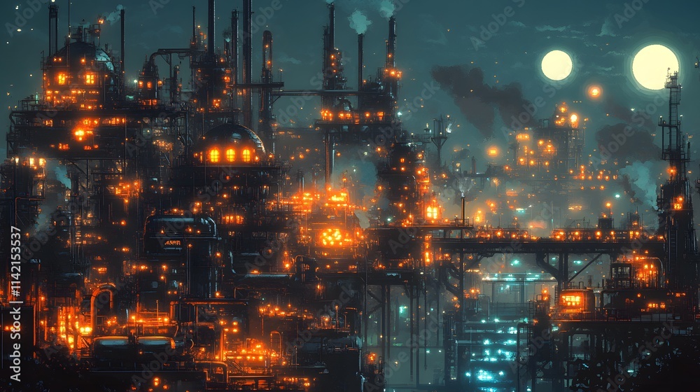 Fototapeta premium Nighttime Refinery Landscape: A Network of Lit Pipes and Machinery 
