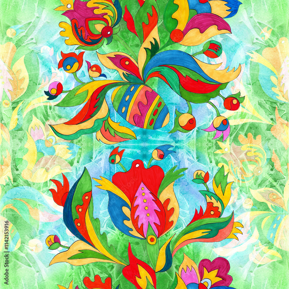 Floral seamless pattern. Ethnic motif. Ukrainian pattern. . Decorative composition with floral motifs. Watercolor. Wallpaper. Use printed materials, signs, posters, postcards, packaging. Floral seamless pattern. Ethnic motif. Ukrainian pattern. . Decorative composition with floral motifs. Watercolor. Wallpaper. Use printed materials, signs, posters, postcards, packaging.