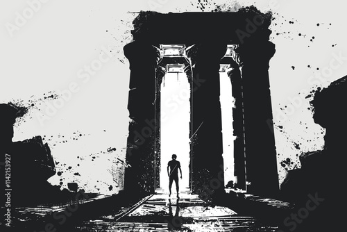 Man stands in front of a large archway. The archway is dark and the man is the only person in the scene. flat vector illustration Bible stories