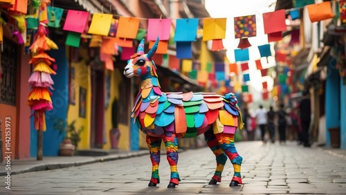 A Colorful piñata shaped like a donkey, adorned with vibrant paper fringes in shades of pink, photo