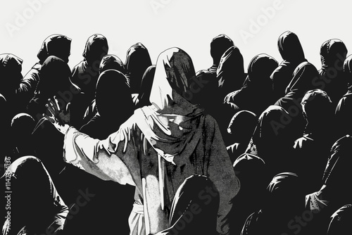 Man with a white robe is pointing at a crowd of people. The crowd is made up of many people, some of whom are wearing hoods. flat vector illustration Bible stories