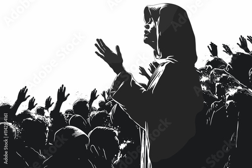 Woman is standing in front of a crowd of people. The woman is wearing a hooded robe. flat vector illustration Bible stories
