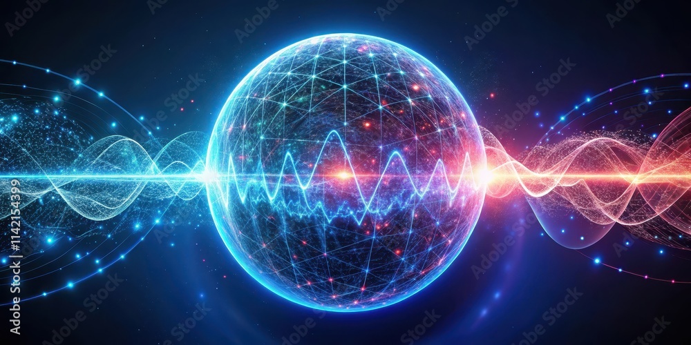 Obraz premium Heartbeat energy particles dancing in a glowing sphere, futuristic, glow, futuristic, glow, abstract, heartbeat, dynamic