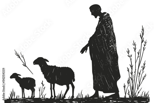 Man is walking with two sheep. One sheep is in front of the man and the other sheep is behind him. flat vector illustration Bible stories