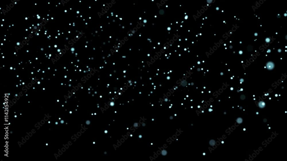 Christmas flight of white particles. Magical shimmering light. Shining Christmas white particles and sparkles intro template on black background.