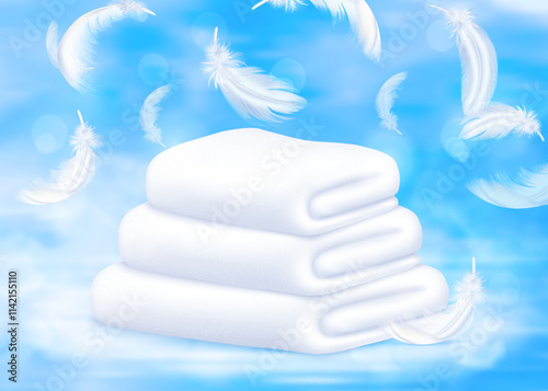 Fluffy White Towels with Feathers on Blue Background