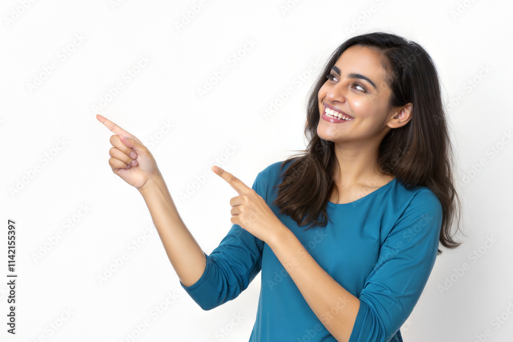 Young woman with bright smile and lively expression points joyfully in a colorful outfit Young woman with bright smile and lively expression points joyfully in a colorful outfit