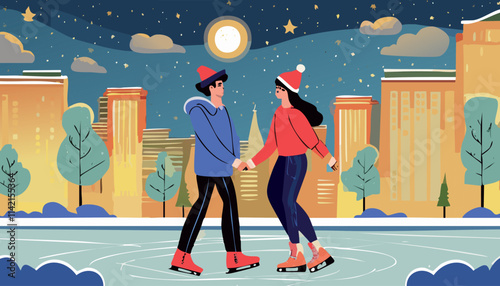 Couple skating on ice rink in the city. Vector illustration.