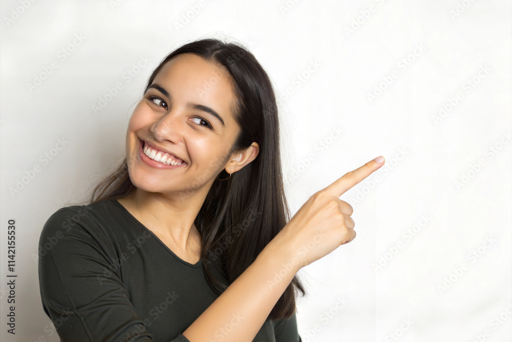 Young woman with bright smile points enthusiastically while dressed in solid top Young woman with bright smile points enthusiastically while dressed in solid top