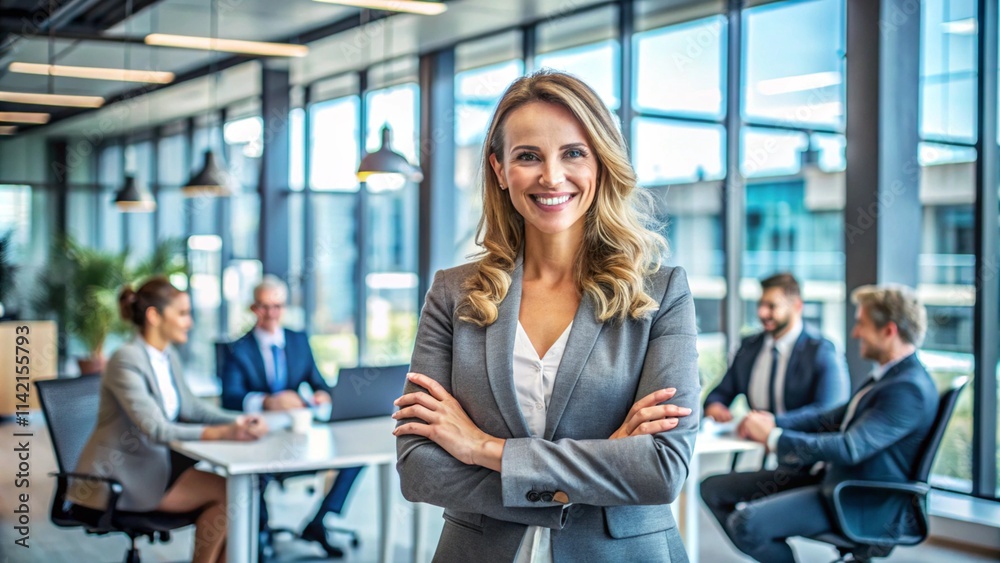 Successful, happy businesswoman smiling confidently in a modern office environment, representing teamwork, collaboration, and career success.
