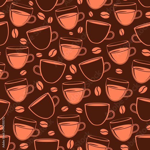 Seamless pattern on coffee and food theme with different types of cups and coffee beans on dark brown background, can be used for packaging, holiday cards, websites, textiles