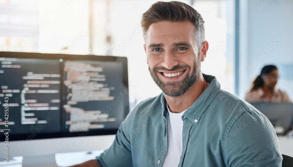 Fototapeta premium web development with smile of man in creative workplace for coding or design