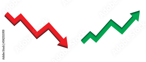 Green and red arrow going up and diwn stock icon on white background. Symbol of up and down arrow graph icon. Bankruptcy, financial market profit and loss icon.  Vector illustration.
