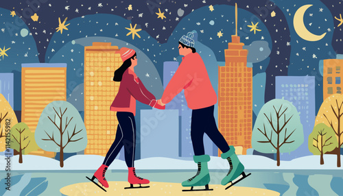 Couple Ice Skating in Winter City Park Flat Vector Illustration