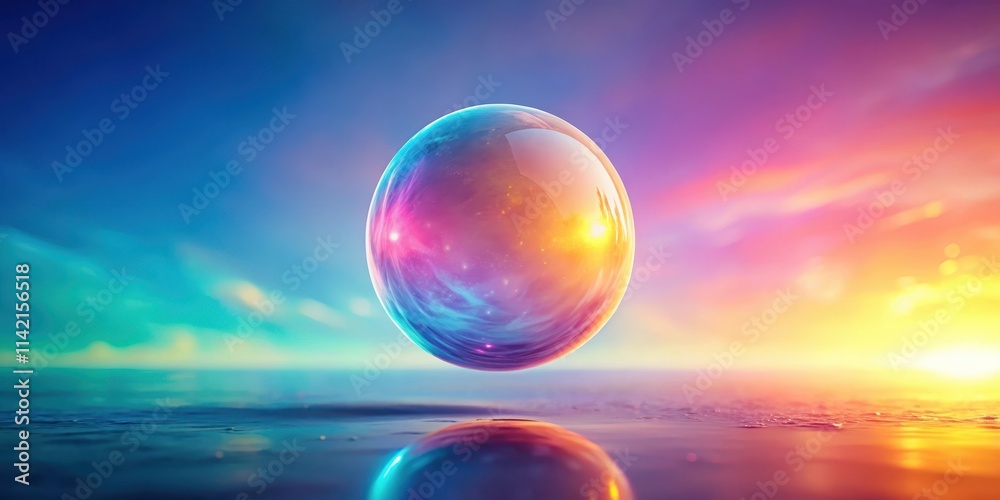 Softly glowing ball suspended in the air amidst a gradient of hues from pink to blue and yellow, creating an ethereal scene, dreamy, fuzzy background