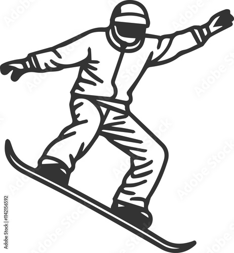Winter vacation on snowboard, man riding a snowboard line black color icon.
