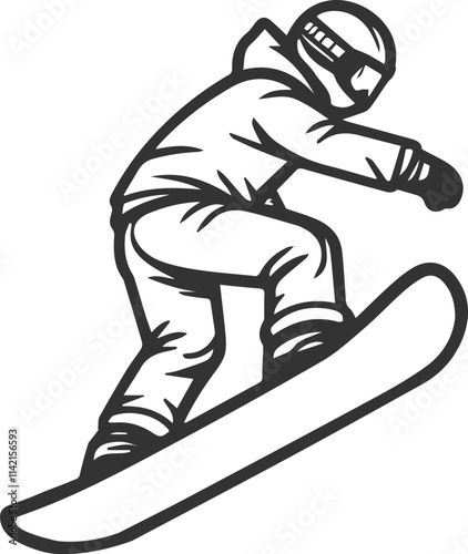 Snowboarder in protective goggles doing a trick, winter recreation and vacation, snowboarder icon in black color.