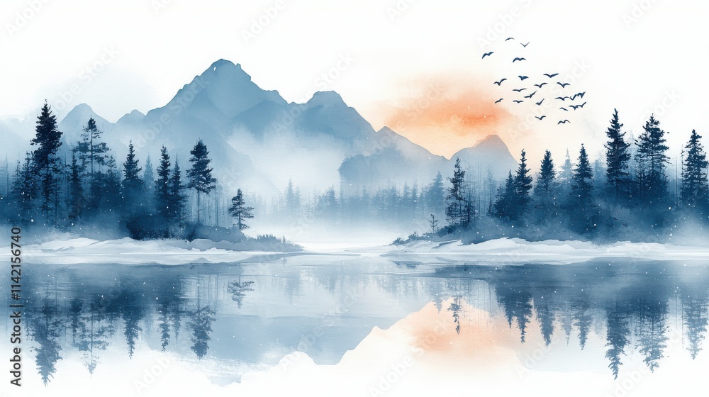 winter landscape with trees and birds isolated on white background watercolor illustration winter landscape with trees and birds isolated on white background watercolor illustration
