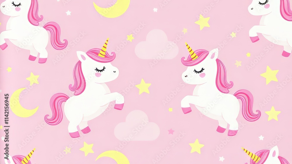 Cute Unicorn Moon Seamless Pattern for Kids Fabric, Wrapping Paper, Wallpaper - Pink Childish Texture Cute Unicorn Moon Seamless Pattern for Kids Fabric, Wrapping Paper, Wallpaper - Pink Childish Texture