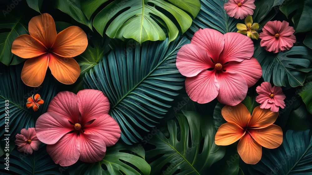Vibrant Tropical Floral Paradise: A Lush Tapestry of Hibiscus, Plumeria, and Exotic Foliage Vibrant Tropical Floral Paradise: A Lush Tapestry of Hibiscus, Plumeria, and Exotic Foliage