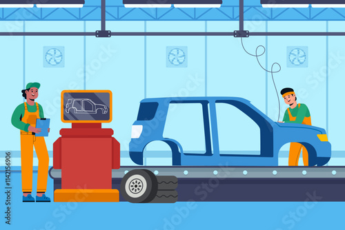 Animated Car Manufacturing Scene with Workers