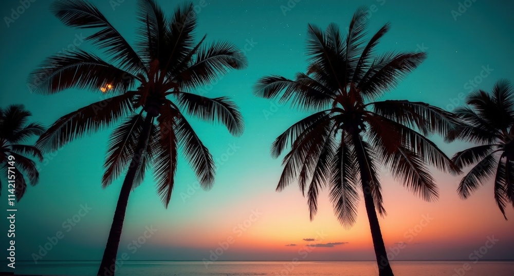 Tall palm trees with broad leaves swaying on a beach under clear skies, with vibrant teal and coral hues reflecting in the warm, golden light of fireflies. Tall palm trees with broad leaves swaying on a beach under clear skies, with vibrant teal and coral hues reflecting in the warm, golden light of fireflies.