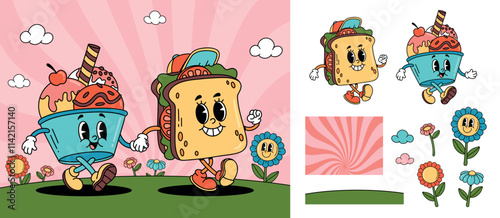 Cheerful Cartoon Characters Running Together