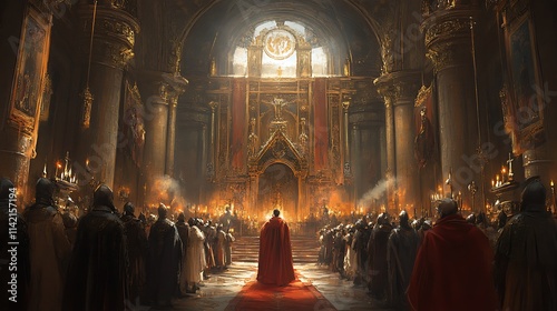 A King Stands Before His Assembled Court In A Grand Cathedral photo