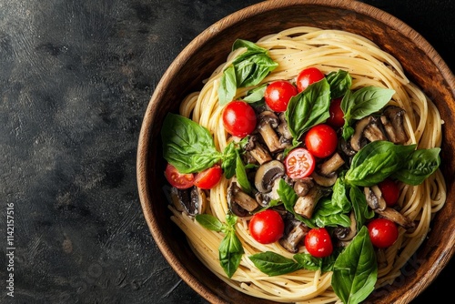 traditional italian creamy wild mushroom pasta with truffle, ceps and porchini, black background , isolated on white background,  , copy space, copy space for text, photo