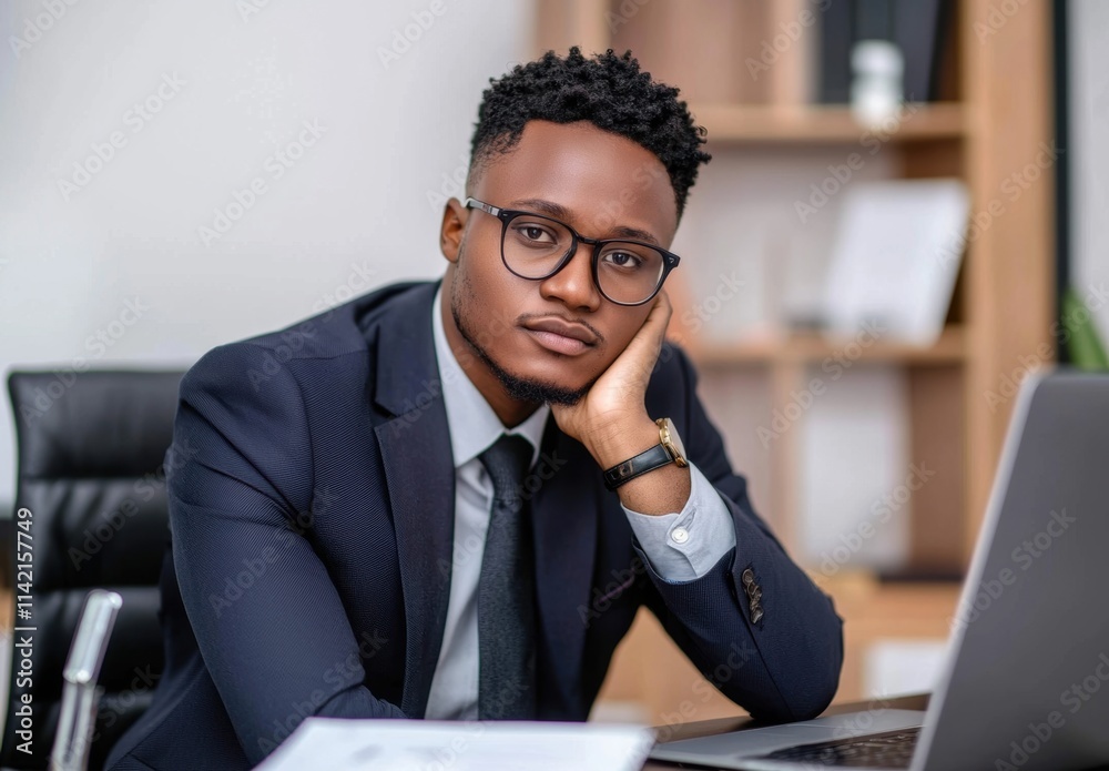 Thoughtful businessman in suit looking pensive in modern office Thoughtful businessman in suit looking pensive in modern office