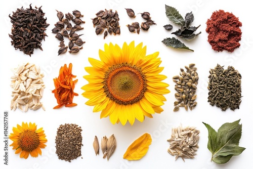 Sunflower in front of white background, minimalist, high contrast, solo, texture study photo