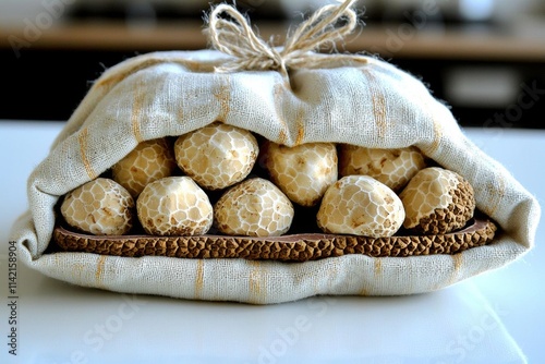 White truffles on the typical cloth trunk, with truffle cut in wood, from the Langhe Alba in Piedmont Italy. , isolated on white background,  , copy space, copy space for text,