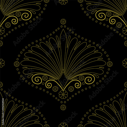 Seamless pattern with golden anthemion floral motifs on a black background. Classic abstract ogee repeat wallpaper.