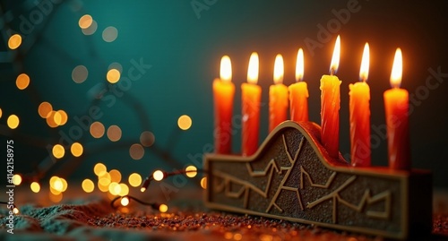 Menorah (Hanukkah) – A candelabrum with nine branches, glowing warmly with candles, set against a dark, elegant background. High-definition photo with a cozy, festive feel. photo