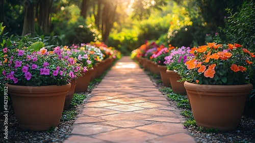 Colorful flowers in terracotta pots line a garden path photo