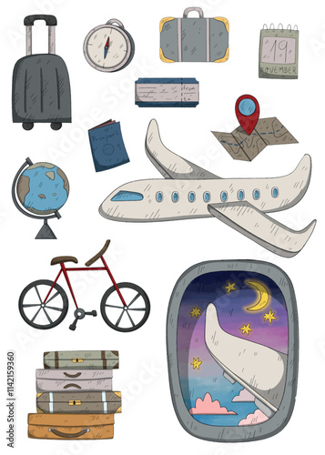 hand drawn clip art of travel isolated airplane, ticket, map, globe, bike, passport, luggage, calendar 