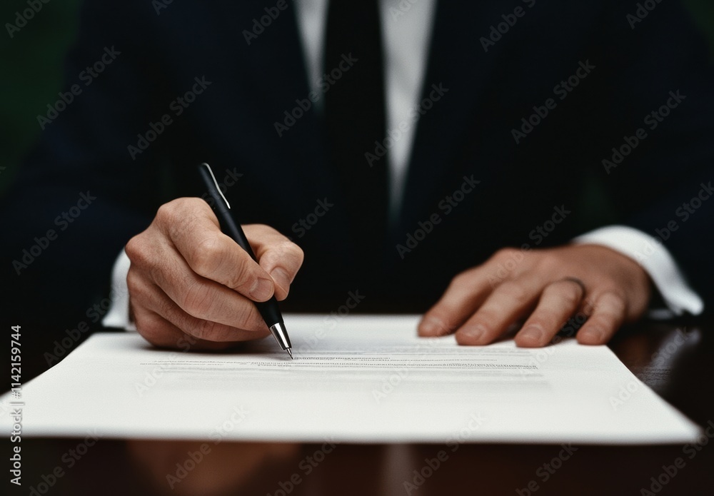 Businessman Signing Document with Pen in Formal Setting Businessman Signing Document with Pen in Formal Setting