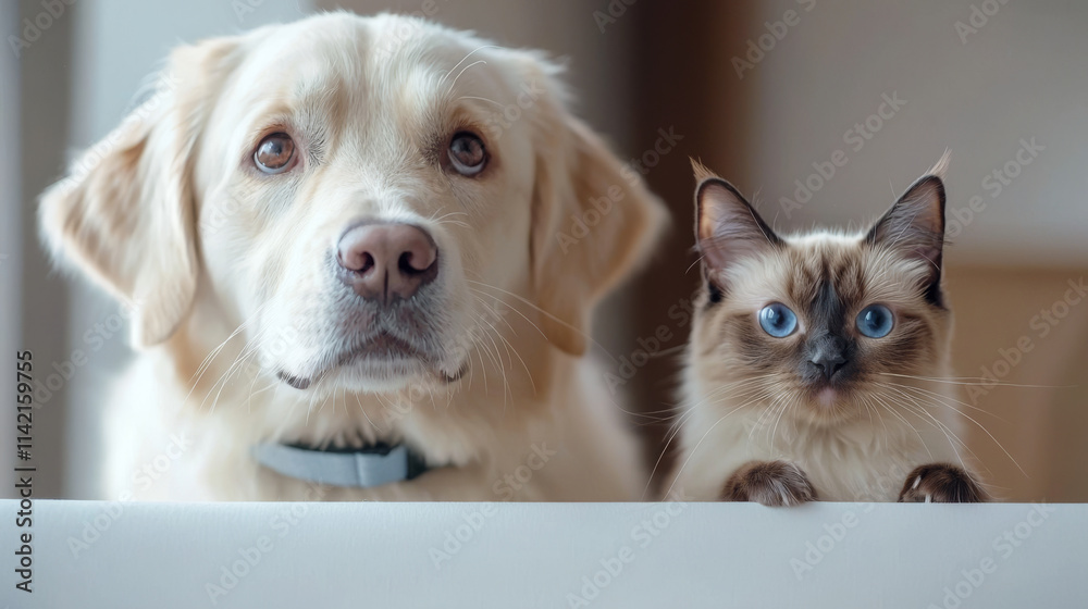 Labrador Retriever and Siamese cat sit together, showcasing their friendship and curiosity. Their expressive eyes capture moment of companionship and warmth Labrador Retriever and Siamese cat sit together, showcasing their friendship and curiosity. Their expressive eyes capture moment of companionship and warmth