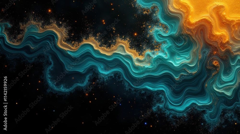 Black Background with Shimmering Turquoise and Yellow Ink Ripples Black Background with Shimmering Turquoise and Yellow Ink Ripples