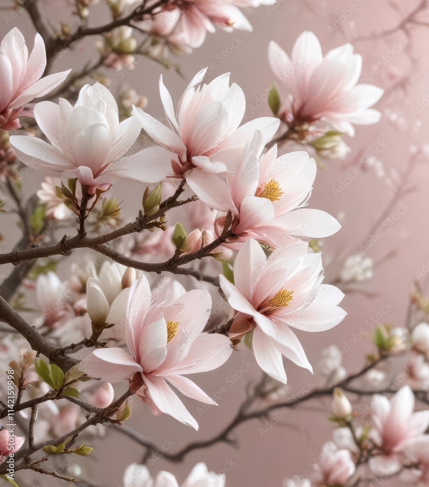 Delicate white magnolia blossoms, soft pink blush, spring branches , outdoors, spring Delicate white magnolia blossoms, soft pink blush, spring branches , outdoors, spring