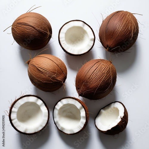 A collection of fresh coconuts isolated on a white background. The image includes various angles and states of the coconut: whole coconuts with a textured brown husk, halved coconuts showcasing the wh