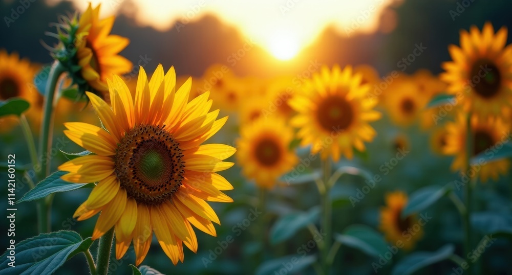 Fototapeta premium Sunflower (Summer Festivals) – Large golden-yellow sunflowers basking in sunlight, surrounded by party lights and fireflies. A festive, warm summer vibe captured in a 4K HD image.