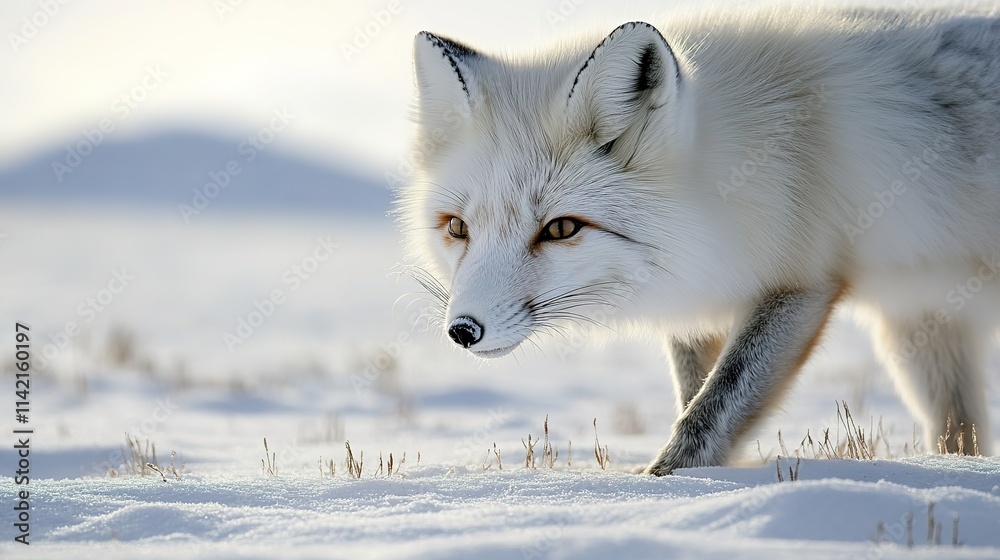Arctic fox in snow, winter scene, alert and focused, natural habitat. Arctic fox in snow, winter scene, alert and focused, natural habitat.