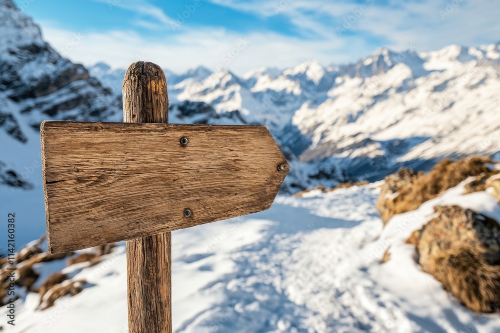 Empty mockup road sign on a snowy mountain pass captivating landscape photography high-altitude environment scenic viewpoint for travel enthusiasts Empty mockup road sign on a snowy mountain pass captivating landscape photography high-altitude environment scenic viewpoint for travel enthusiasts