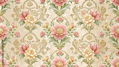 Wallpaper Mural Elegant, intricate design featuring stylized flowers in a repeating pattern with subtle texture and soft colors , Damask Design, Ornate Details Torontodigital.ca