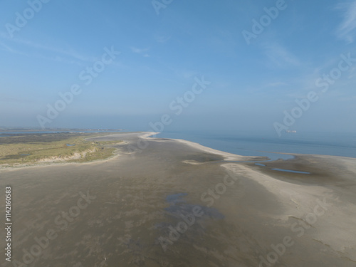 aerial drone view of the beach at Texel, The Netherlands, dunes and sand.