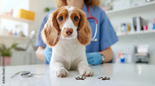 cute dog at veterinary clinic with caring veterinarian nearby. scene captures bond between pets and their caregivers, highlighting importance of animal health