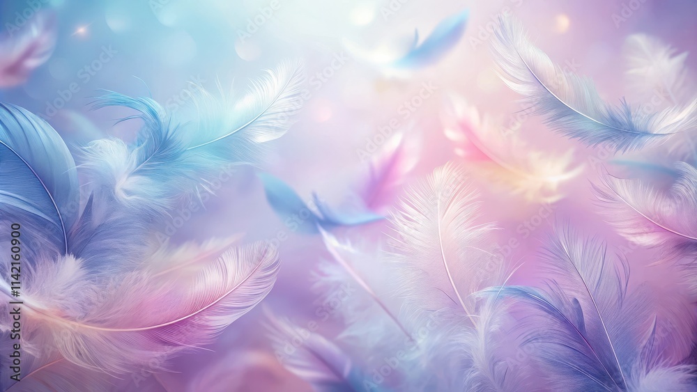 Fototapeta premium Soft pastel feathers scattered on a gradient abstract background with gentle blending of soft pink and lavender hues, abstract background,