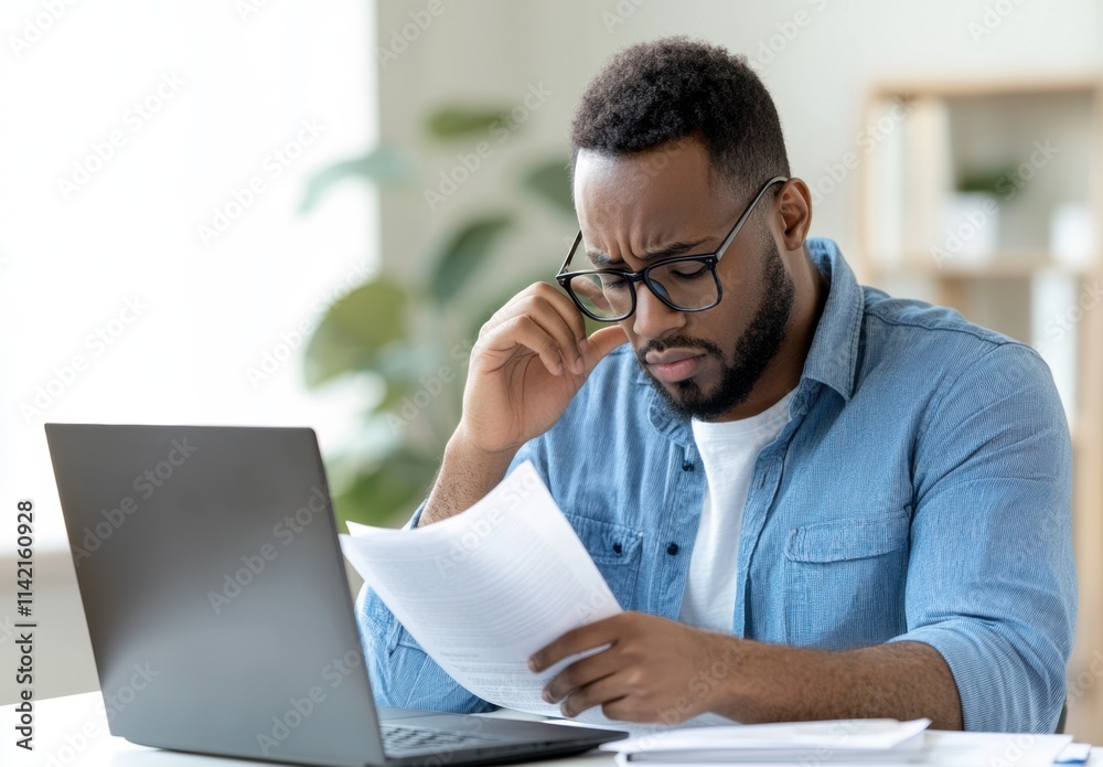 Young Man Concentrating on Documents with Laptop in Home Office Young Man Concentrating on Documents with Laptop in Home Office