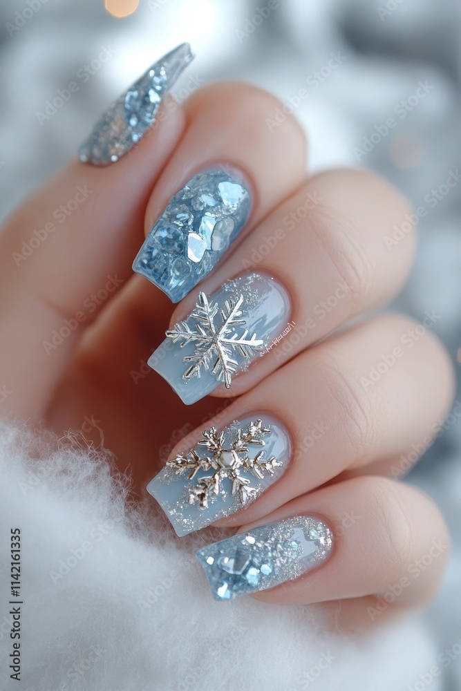 Nails styled with shimmering ice lump accents and subtle frosty detailing, paired with a coordinating ring featuring crystal-clear ice-like embellishments, exuding sophistication